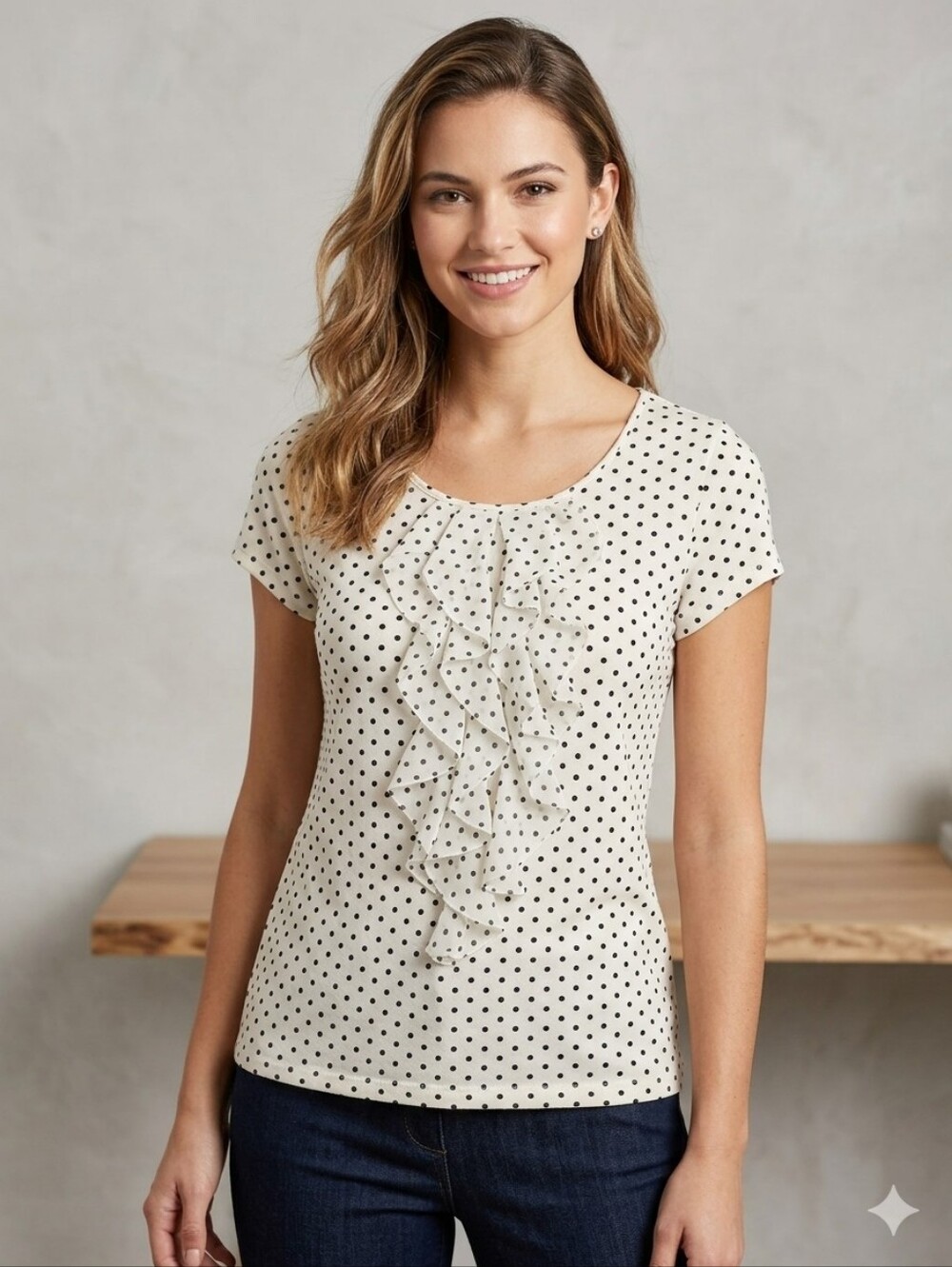 ELLE Polka Dot Ruffle Boho Top Black White Pima Cotton Blouse Large